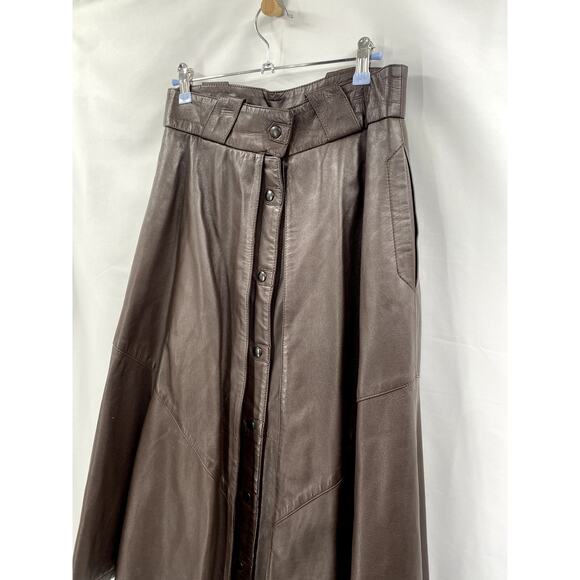 Vintage Chocolate Brown Leather Midi Button Skirt - Picture 2 of 5